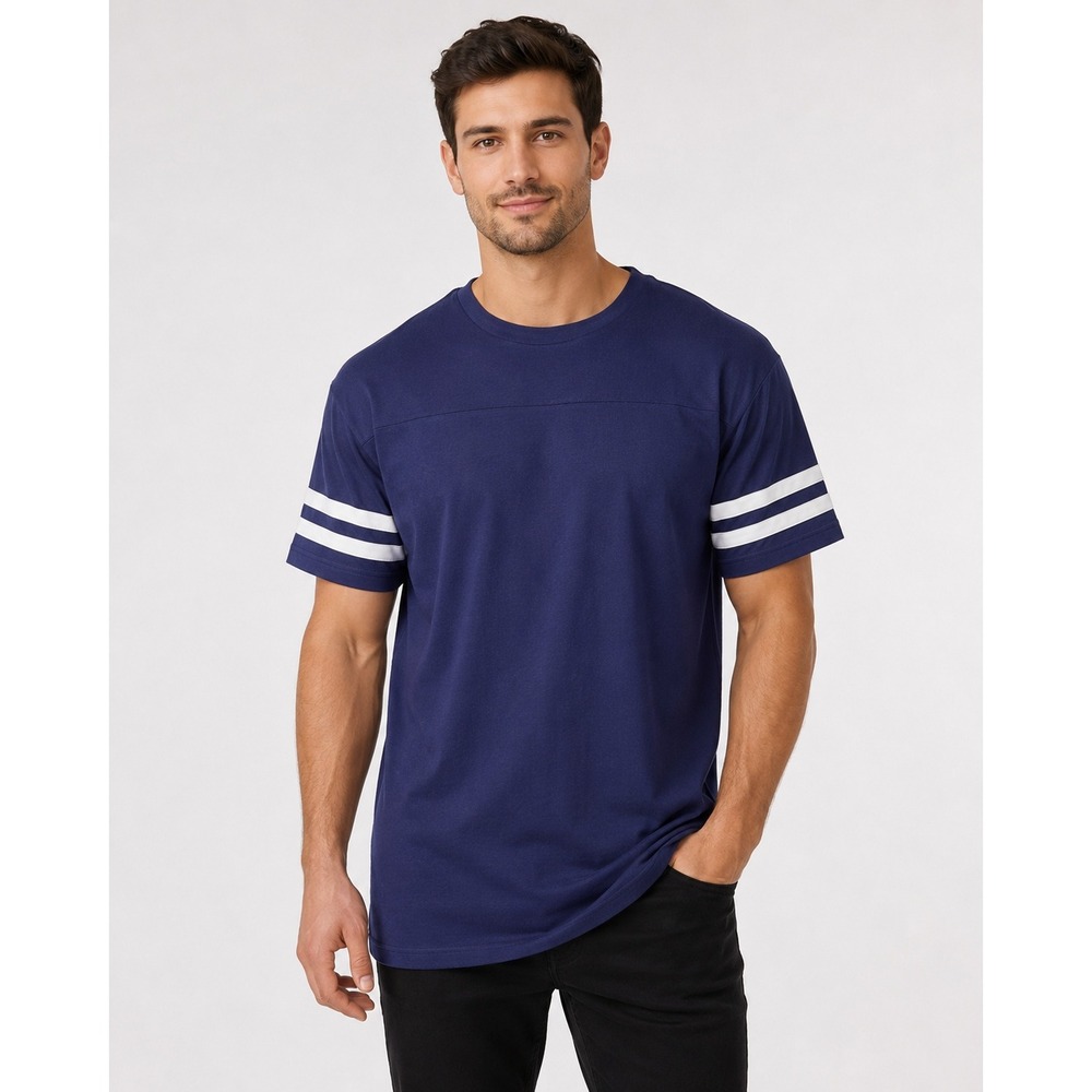 Royal Avalon Sport T-Shirt Men Large Navy Blue Striped Sleeve Football‎ Tee